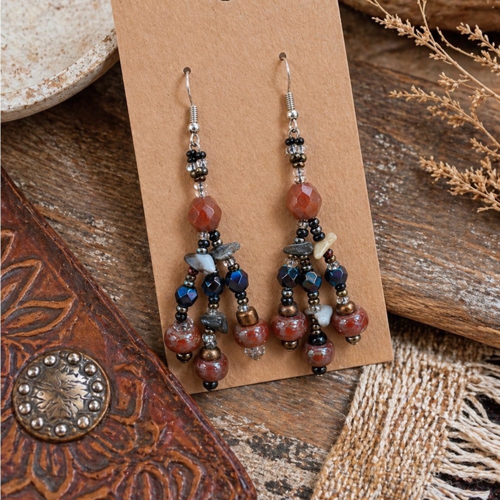 Artisan Boho Beaded Chandelier Earrings Mixed Stone Glass 2.75” Vintage